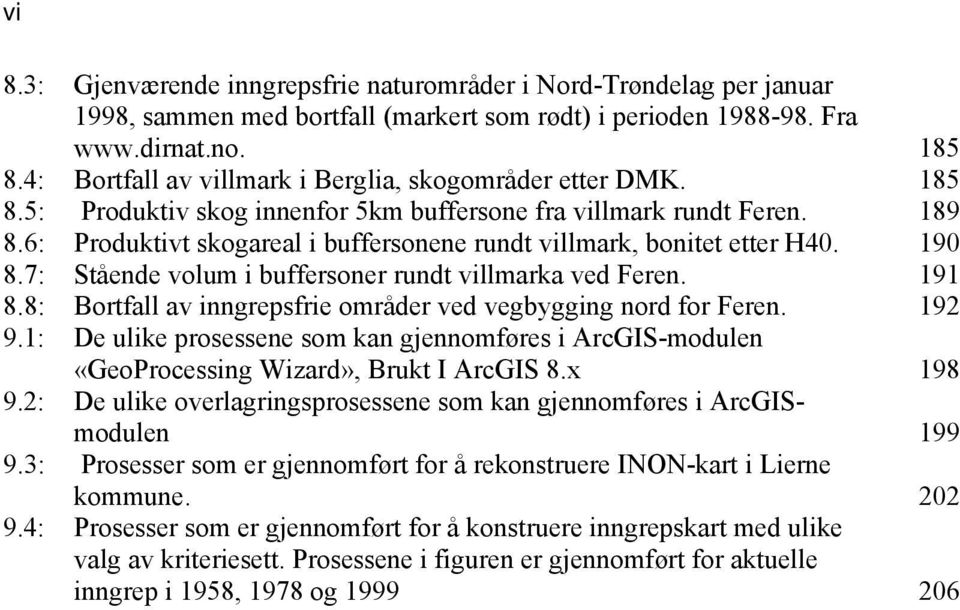 6: Produktivt skogareal i buffersonene rundt villmark, bonitet etter H40. 190 8.7: Stående volum i buffersoner rundt villmarka ved Feren. 191 8.