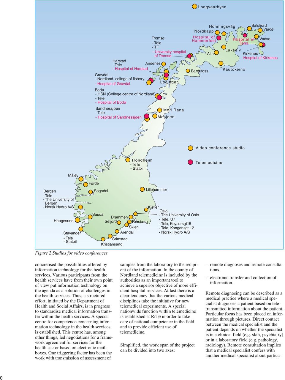 Vardø Lakselv Kirkenes Hospital of Kirkenes Kautokeino Vadsø Video conference studio Måløy Trondheim -Tele - Statoil Telemedicine Bergen - Tele - The University of Bergen - Norsk Hydro A/S Haugesund
