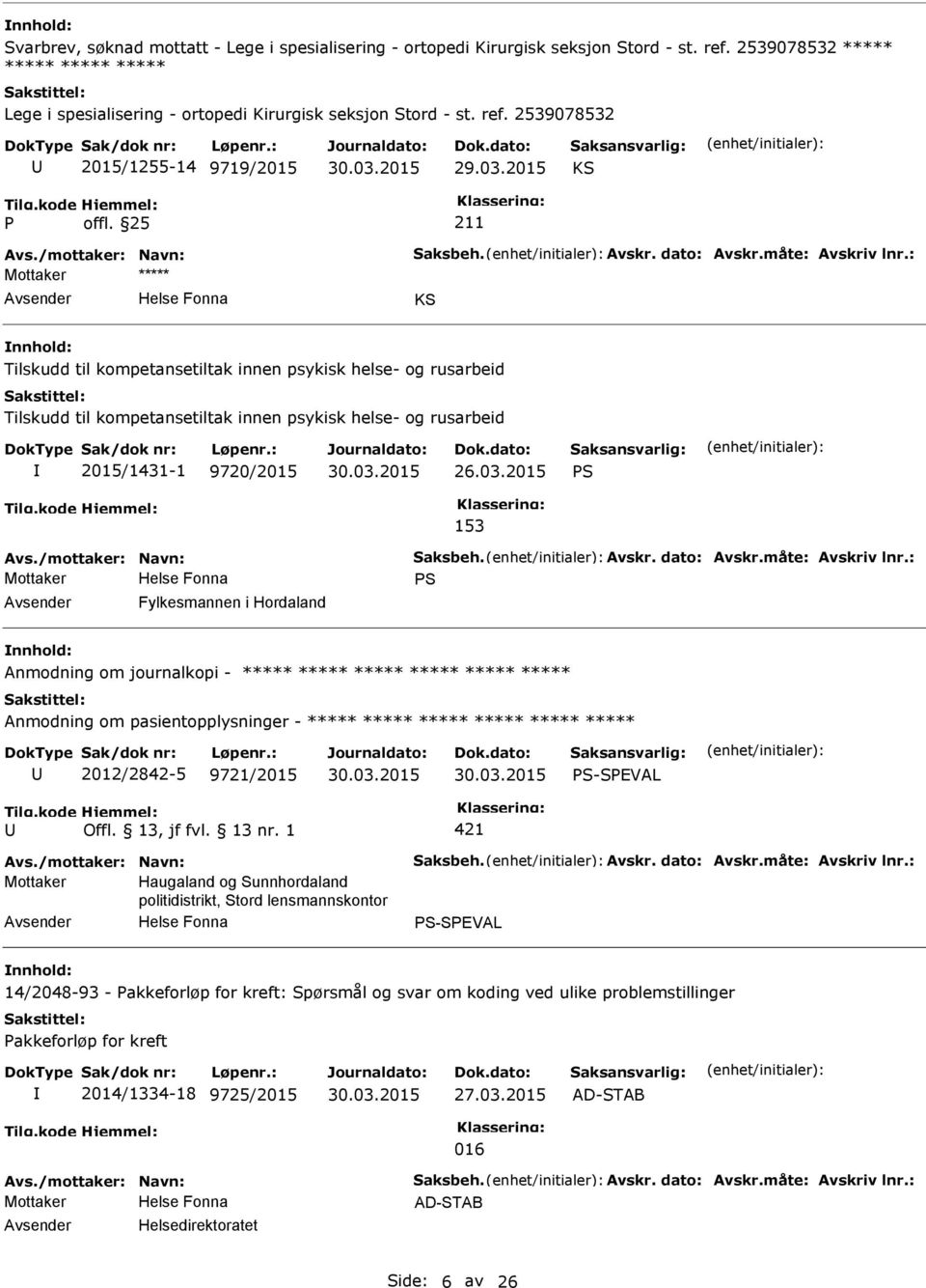 2539078532 2015/1255-14 9719/2015 Tilskudd til kompetansetiltak innen psykisk helse- og rusarbeid Tilskudd til kompetansetiltak innen psykisk helse- og rusarbeid 2015/1431-1 9720/2015 26.03.