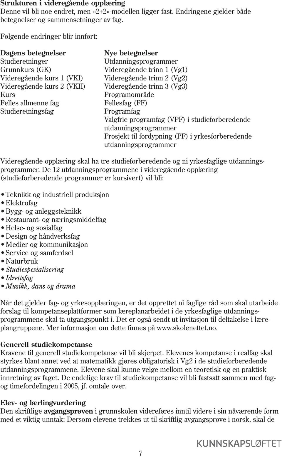 Utdanningsprogrammer Videregående trinn 1 (Vg1) Videregående trinn 2 (Vg2) Videregående trinn 3 (Vg3) Programområde Fellesfag (FF) Programfag Valgfrie programfag (VPF) i studieforberedende