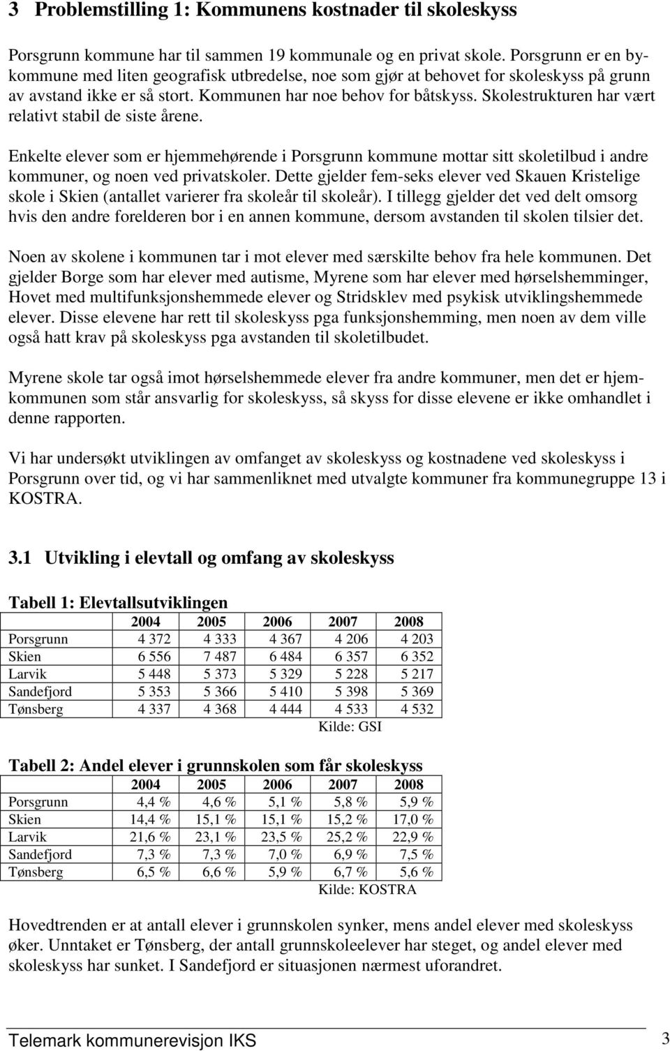 Skolestrukturen har vært relativt stabil de siste årene. Enkelte elever som er hjemmehørende i Porsgrunn kommune mottar sitt skoletilbud i andre kommuner, og noen ved privatskoler.