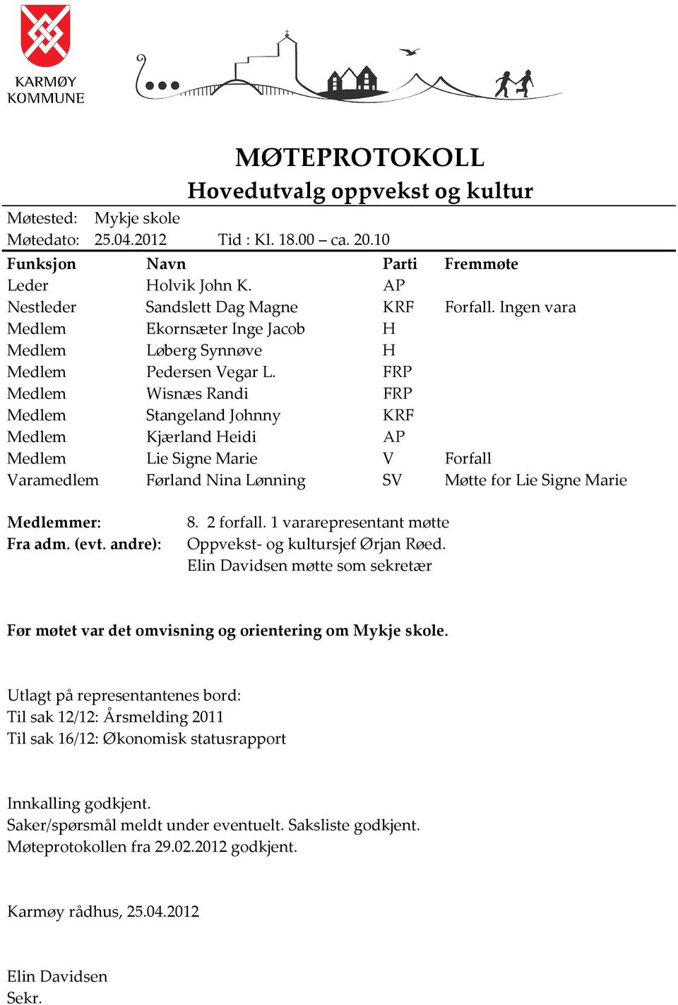 FRP Medlem Wisnæs Randi FRP Medlem Stangeland Johnny KRF Medlem Kjærland Heidi AP Medlem Lie Signe Marie V Forfall Varamedlem Førland Nina Lønning SV Møtte for Lie Signe Marie Medlemmer: 8. 2 forfall.