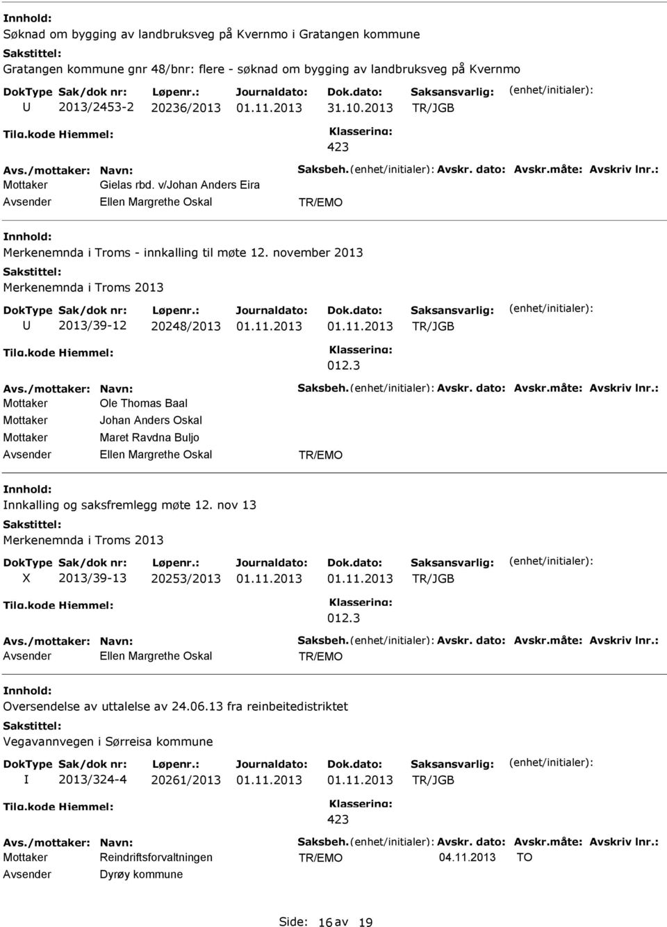 november 2013 Merkenemnda i Troms 2013 2013/39-12 20248/2013 012.3 Avs./mottaker: Navn: Saksbeh. Avskr. dato: Avskr.måte: Avskriv lnr.