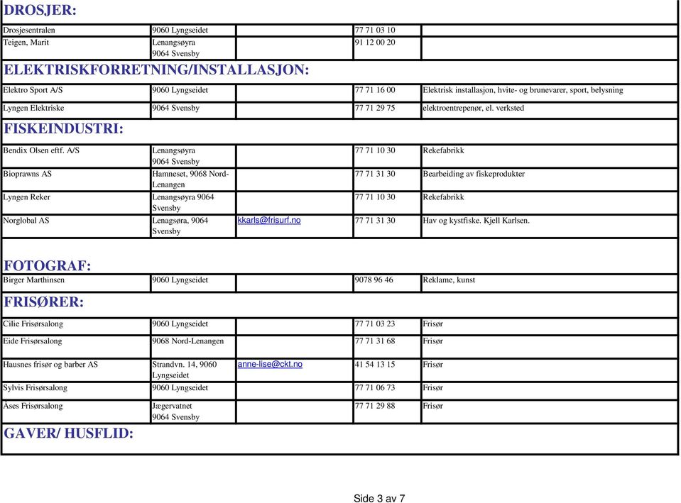 A/S Lenangsøyra 77 71 10 30 Rekefabrikk Bioprawns AS Hamneset, 9068 Nord- Lenangen 77 71 31 30 Bearbeiding av fiskeprodukter Lyngen Reker Lenangsøyra 9064 Svensby Norglobal AS Lenagsøra, 9064 Svensby