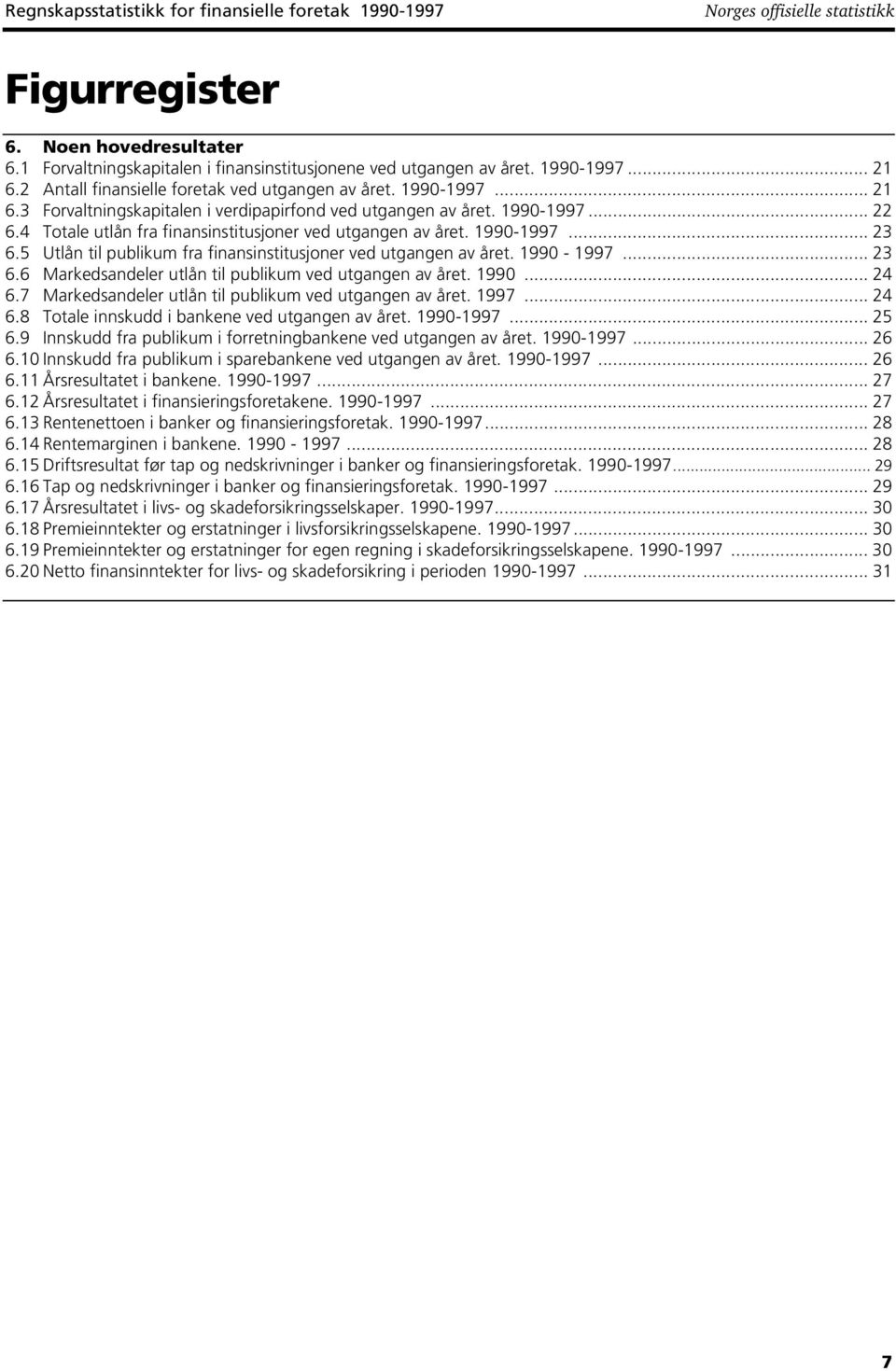 5 Utlån til publikum fra finansinstitusjoner ved utgangen av året. 1990-1997... 23 6.6 Markedsandeler utlån til publikum ved utgangen av året. 1990... 24 6.