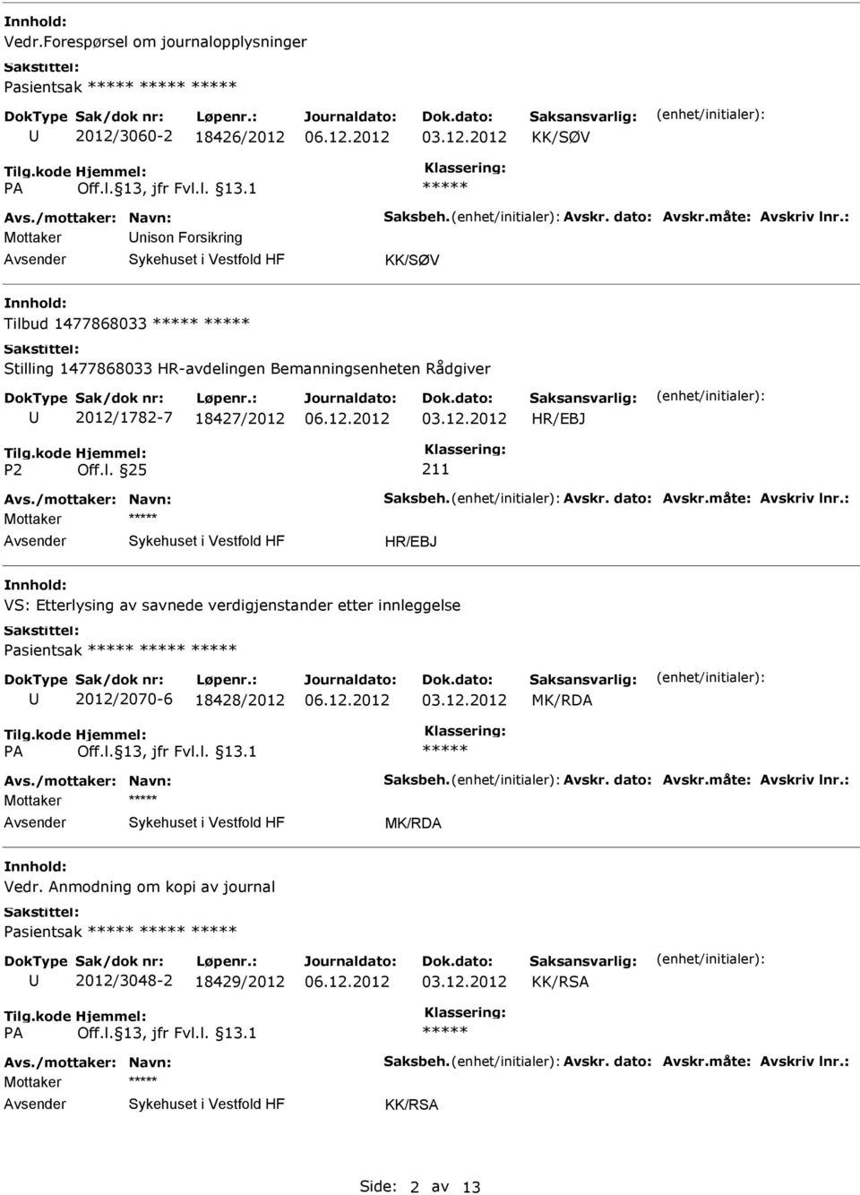 Mottaker VS: Etterlysing av savnede verdigjenstander etter innleggelse Pasientsak 2012/2070-6 18428/2012 MK/RDA