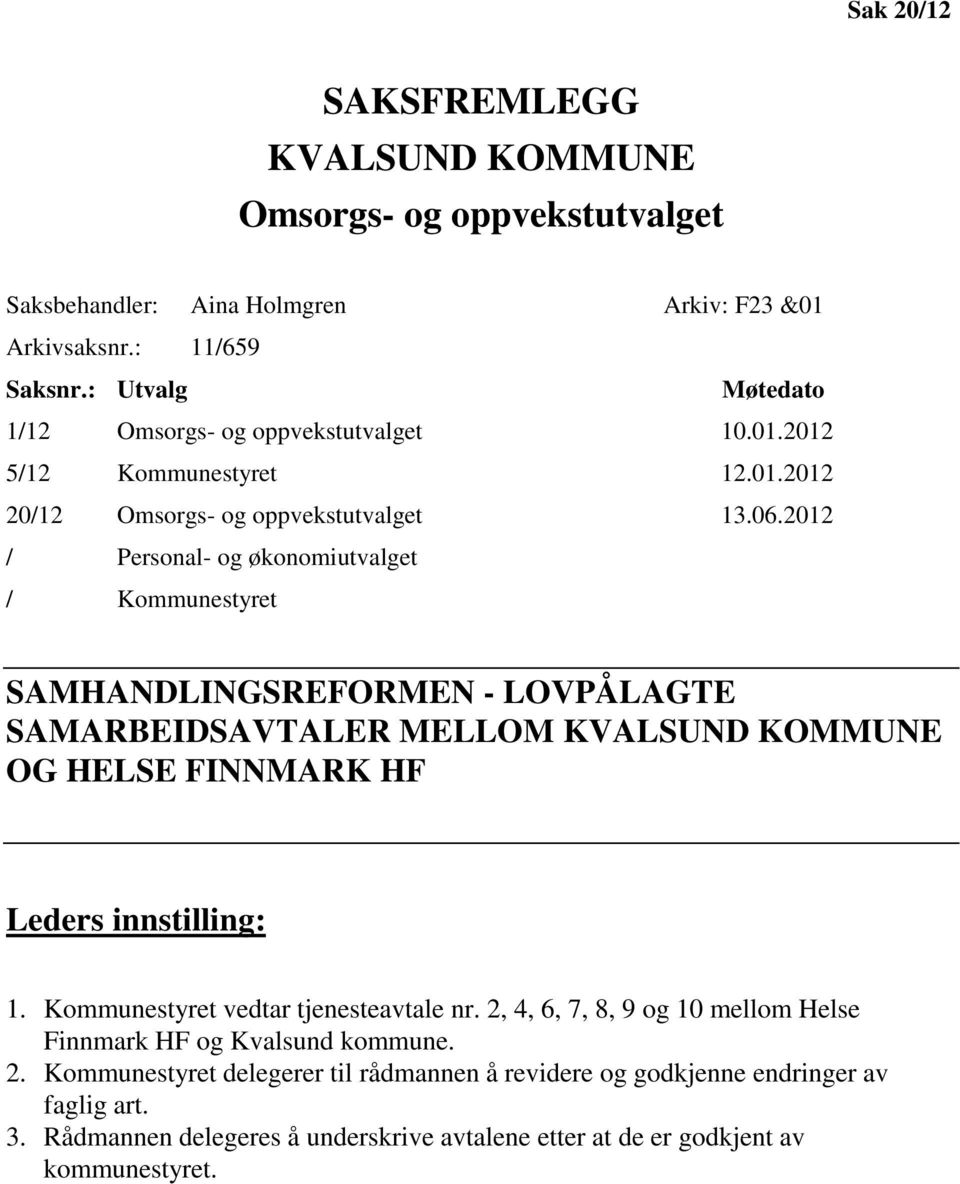 2012 / Personal- og økonomiutvalget / Kommunestyret SAMHANDLINGSREFORMEN - LOVPÅLAGTE SAMARBEIDSAVTALER MELLOM KVALSUND KOMMUNE OG HELSE FINNMARK HF Leders innstilling: 1.