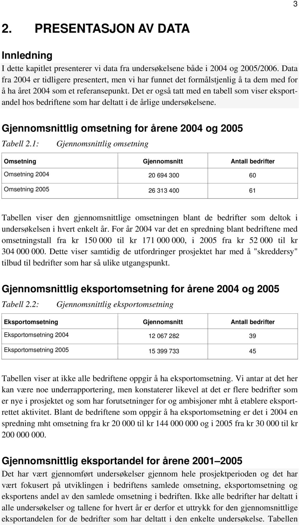 Det er også tatt med en tabell som viser eksportandel hos bedriftene som har deltatt i de årlige undersøkelsene. Gjennomsnittlig omsetning for årene 2004 og 2005 Tabell 2.