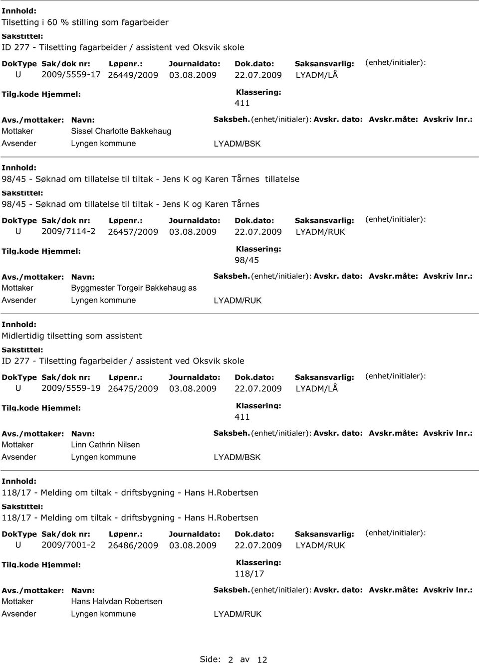 Bakkehaug as 98/45 LYADM/RK Midlertidig tilsetting som assistent D 277 - Tilsetting fagarbeider / assistent ved Oksvik skole 2009/5559-19 26475/2009 Mottaker Linn Cathrin Nilsen 411 118/17 -