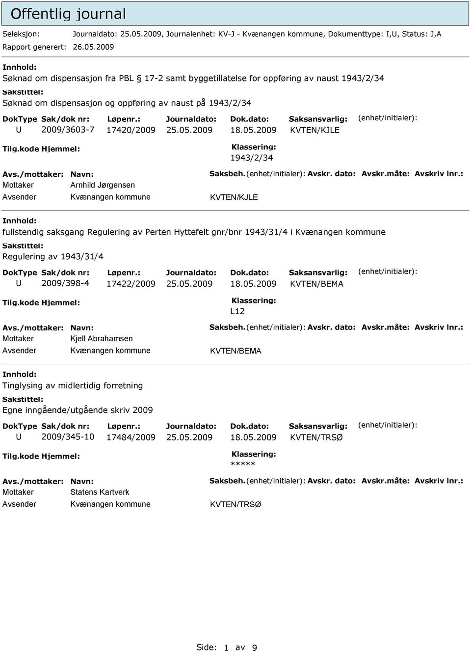 2009 1943/2/34 Avs./mottaker: Navn: Saksbeh. Avskr. dato: Avskr.måte: Avskriv lnr.