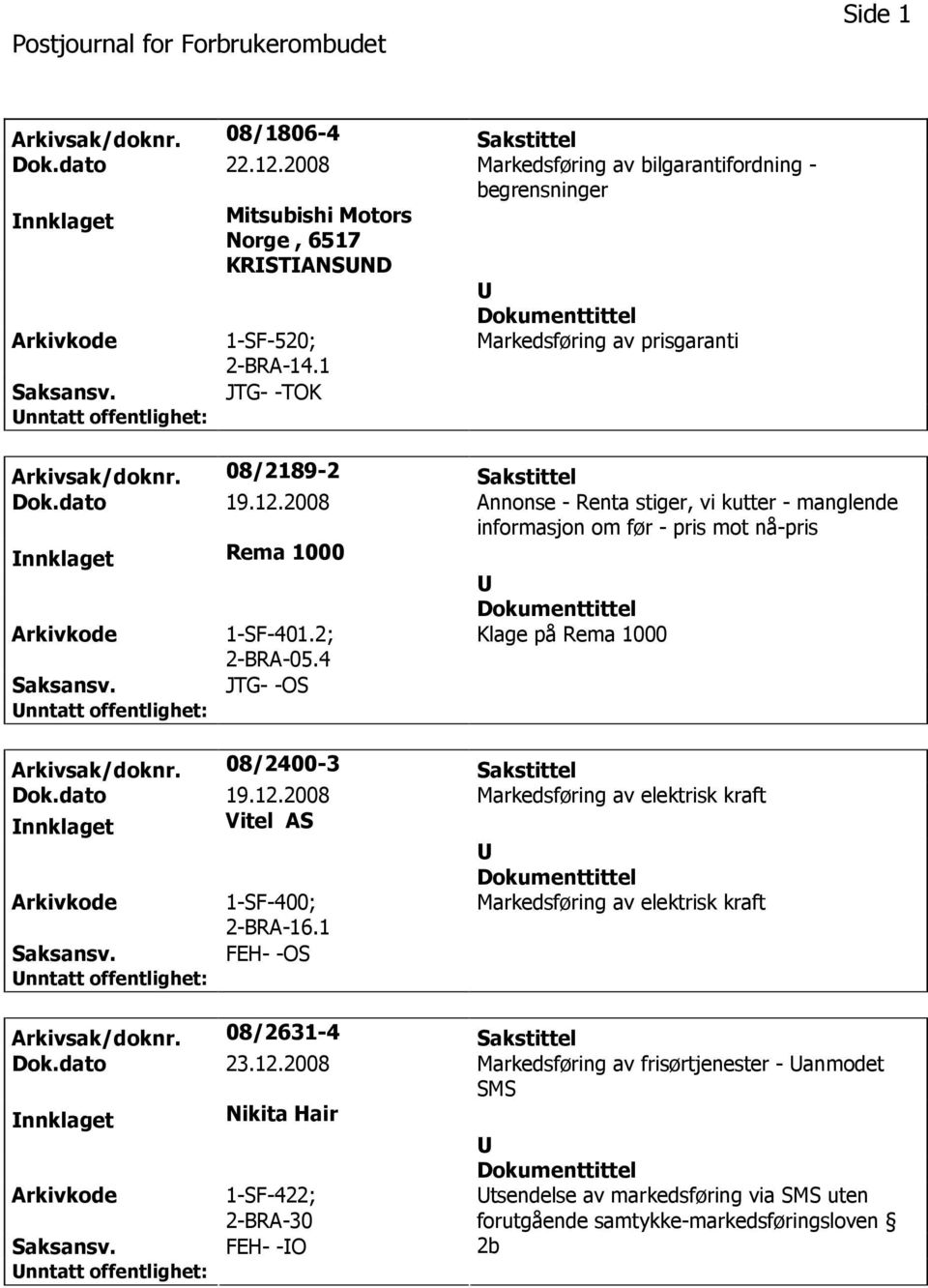 2008 Annonse - Renta stiger, vi kutter - manglende informasjon om før - pris mot nå-pris nnklaget Rema 1000 1-SF-401.2; 2-BRA-05.4 Klage på Rema 1000 JTG- -OS Arkivsak/doknr. 08/2400-3 Sakstittel Dok.