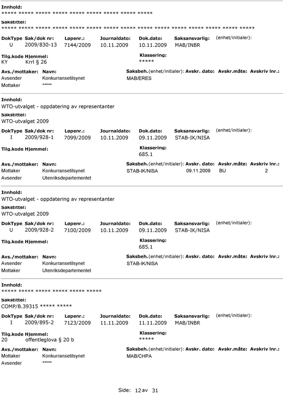 1 STAB-K/NSA B 2 Avsender tenriksdepartementet nnhold: WTO-utvalget - oppdatering av representanter WTO-utvalget 2009 2009/928-2 7100/2009 STAB-K/NSA 685.