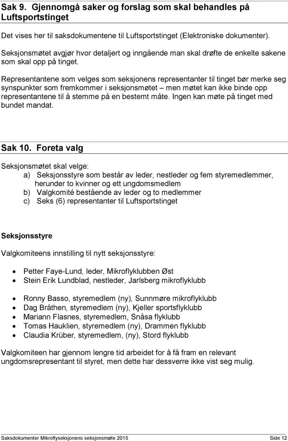 Representantene som velges som seksjonens representanter til tinget bør merke seg synspunkter som fremkommer i seksjonsmøtet men møtet kan ikke binde opp representantene til å stemme på en bestemt