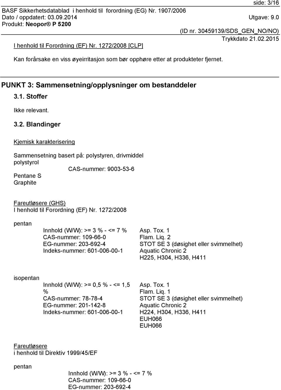 1272/2008 pentan Innhold (W/W): >= 3 % - <= 7 % CAS-nummer: 109-66-0 EG-nummer: 203-692-4 Indeks-nummer: 601-006-00-1 Asp. Tox. 1 Flam. Liq.