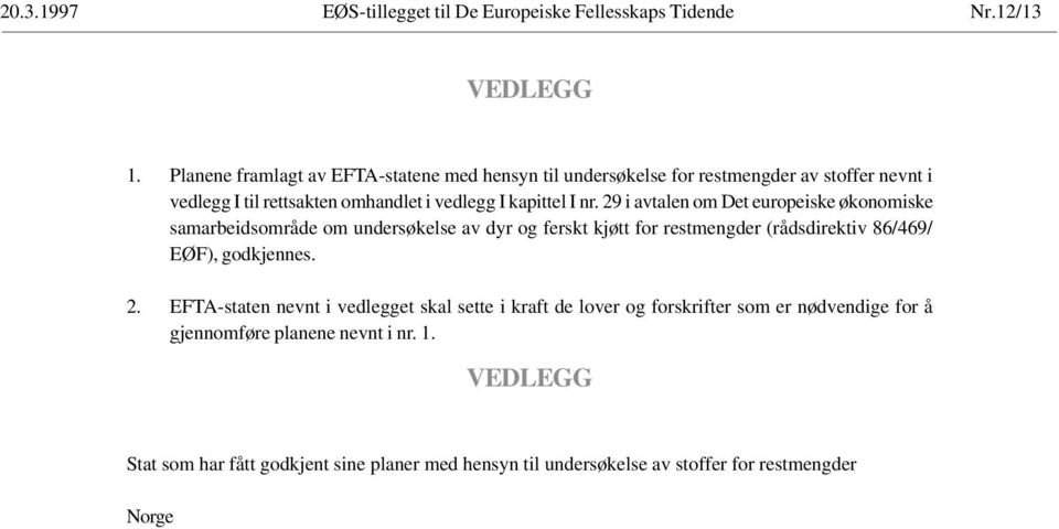 29 i avtalen om Det europeiske økonomiske samarbeidsområde om undersøkelse av dyr og ferskt kjøtt for restmengder (rådsdirektiv 86/469/ EØF), godkjennes. 2.