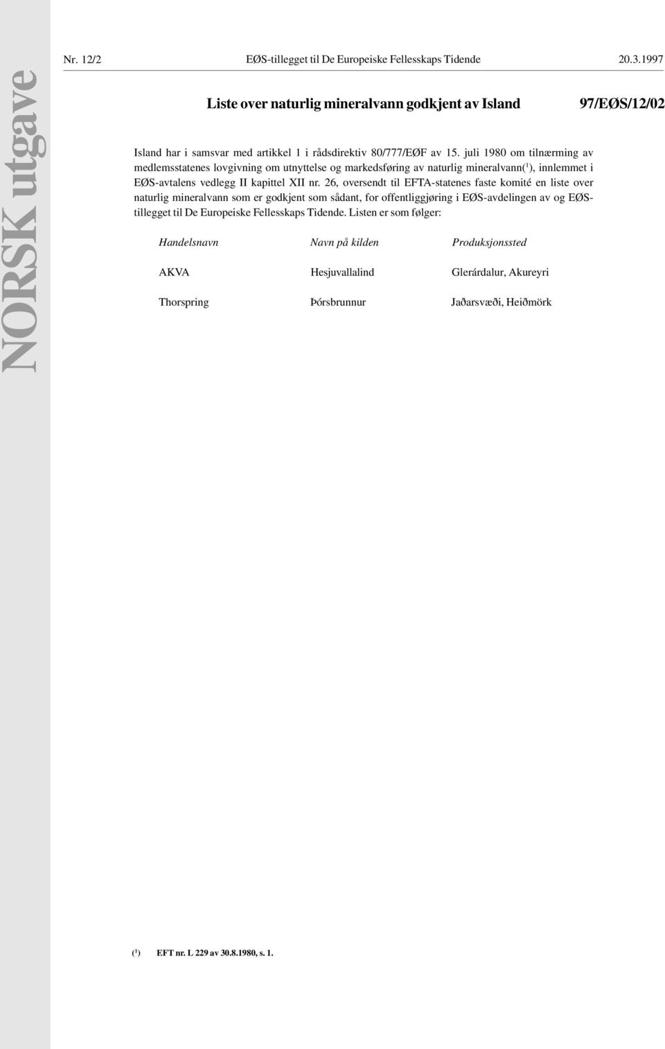 juli 1980 om tilnærming av medlemsstatenes lovgivning om utnyttelse og markedsføring av naturlig mineralvann( 1 ), innlemmet i EØS-avtalens vedlegg II kapittel XII nr.