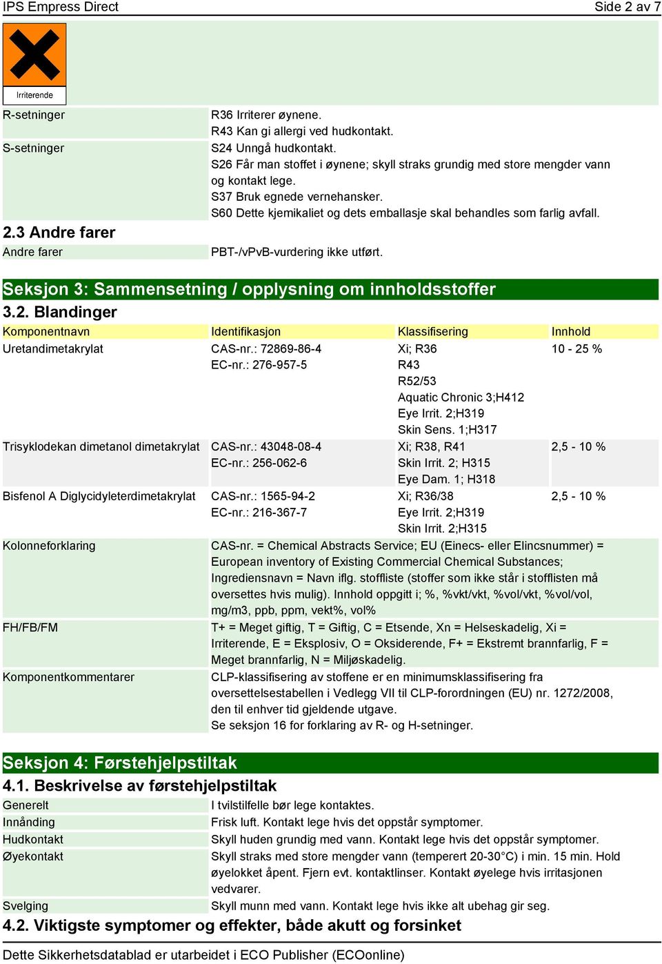 PBT-/vPvB-vurdering ikke utført. Seksjon 3: Sammensetning / opplysning om innholdsstoffer 3.2. Blandinger Komponentnavn Identifikasjon Klassifisering Innhold Uretandimetakrylat CAS-nr.