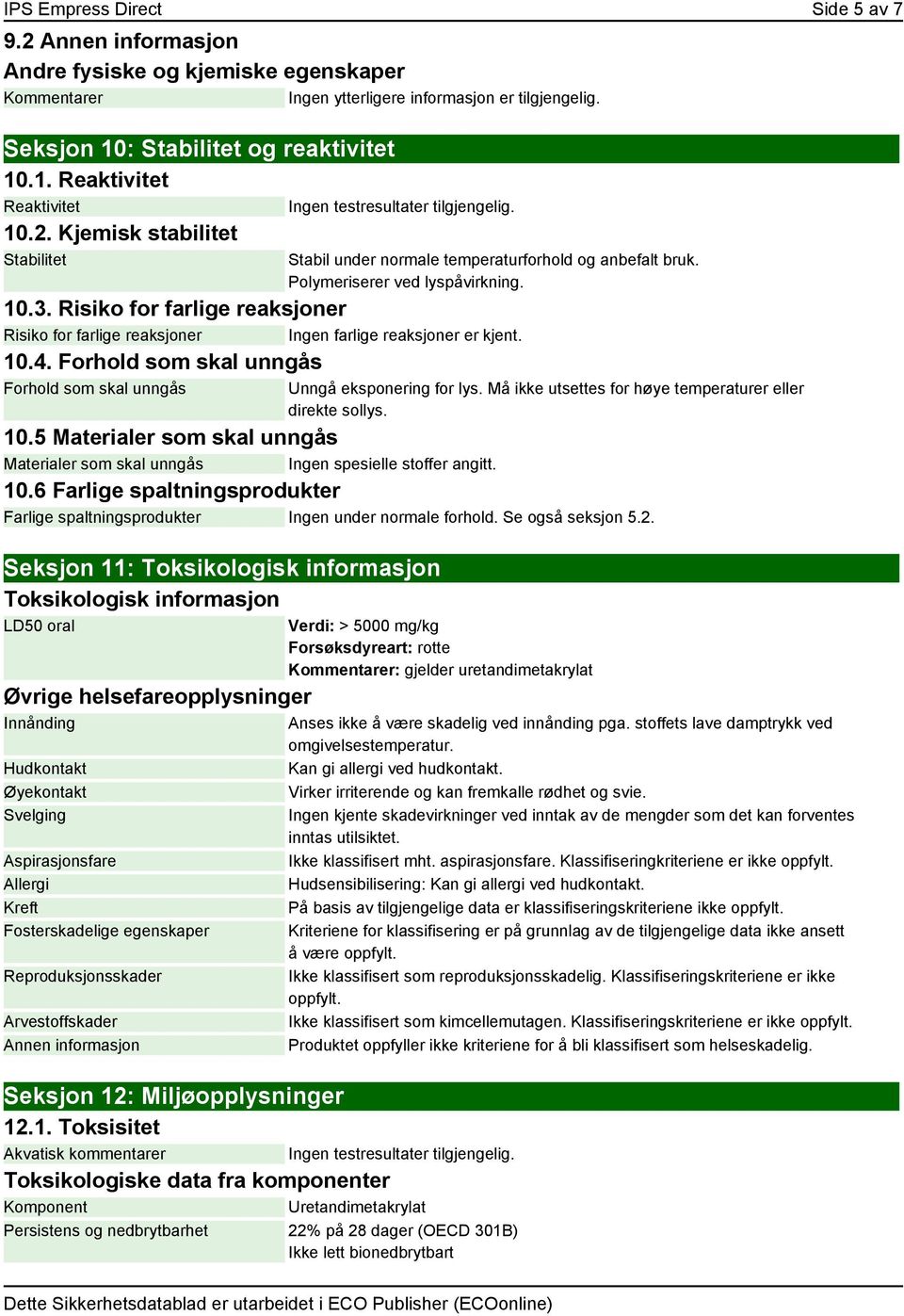 Forhold som skal unngås Forhold som skal unngås Unngå eksponering for lys. Må ikke utsettes for høye temperaturer eller direkte sollys. 10.