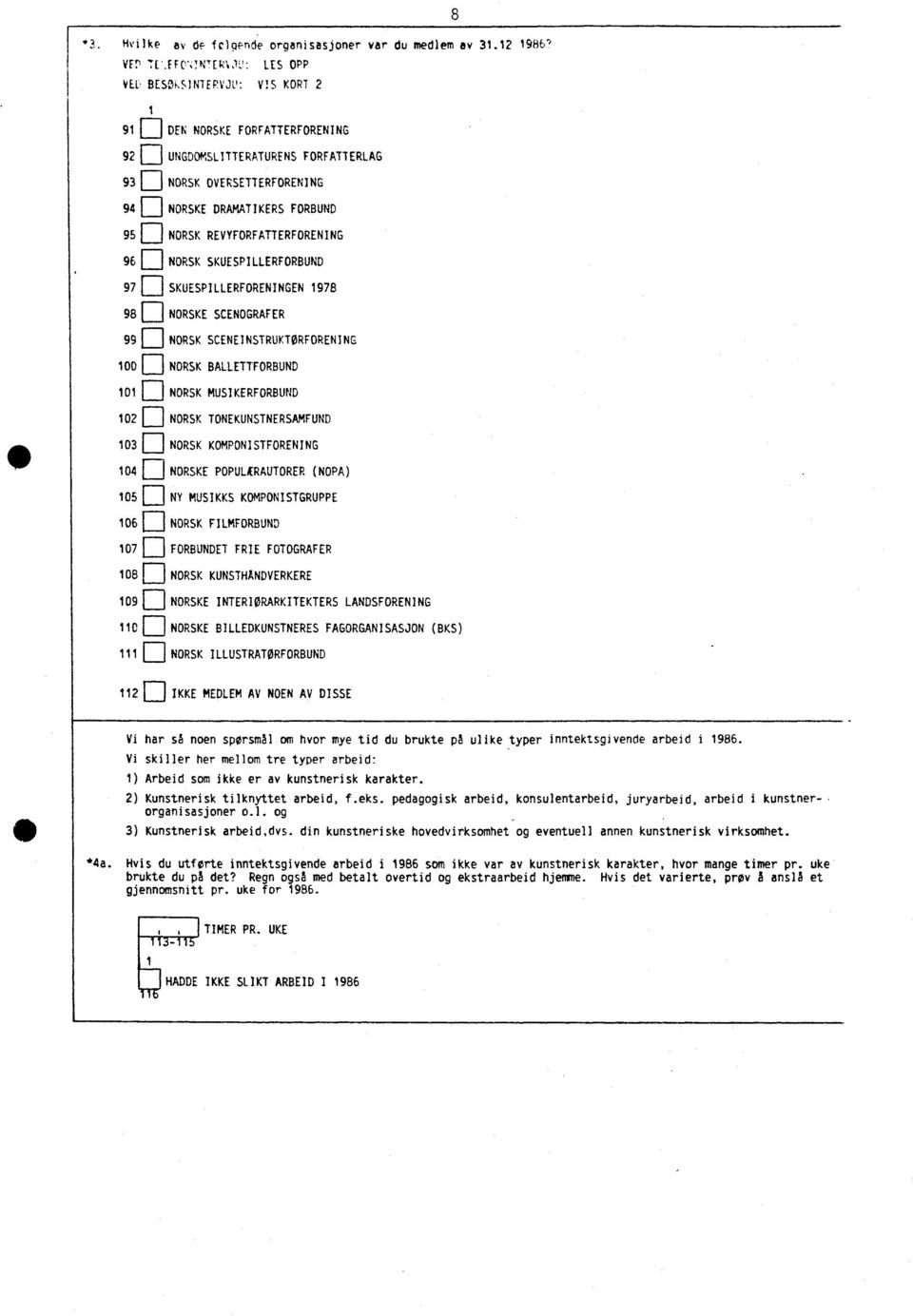 REVYFORFATTERFORENING 96 NORSK SKUESPILLERFORBUND 97 SKUESPILLERFORENINGEN 1978 98 NORSKE SCENOGRAFER 99 NORSK SCENEINSTRUKTORFORENING 100 NORSK BALLETTFORBUND 101 NORSK MUSIKERFORBUND 102 NORSK