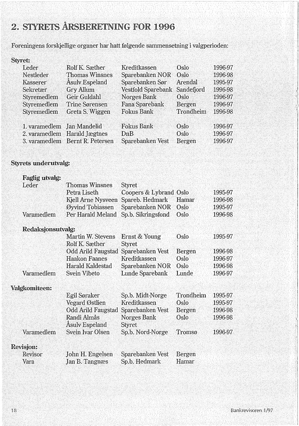 Styremedlem Trine S0rensen Fana Sparebank Bergen Styremedlem Greta S. Wiggen FokusBank Trondheim 1996-97 1995-97 1996-97 1996-97 I J 1. varanledlem Jan Mandelid FokusBank 2.