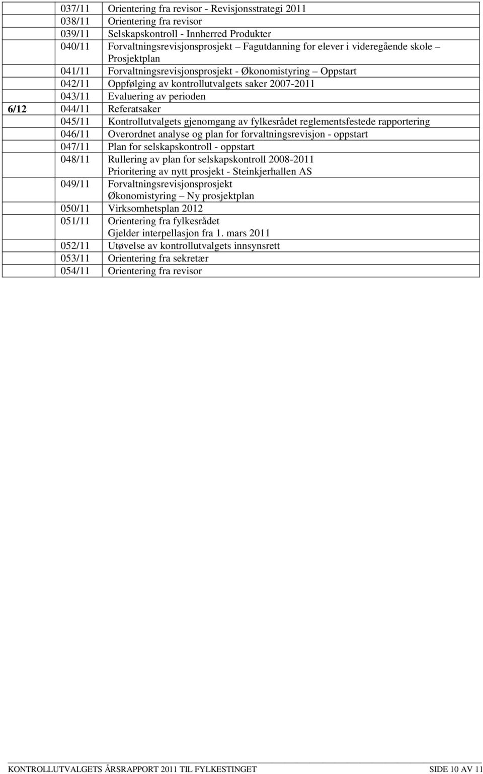 Referatsaker 045/11 Kontrollutvalgets gjenomgang av fylkesrådet reglementsfestede rapportering 046/11 Overordnet analyse og plan for forvaltningsrevisjon - oppstart 047/11 Plan for selskapskontroll -