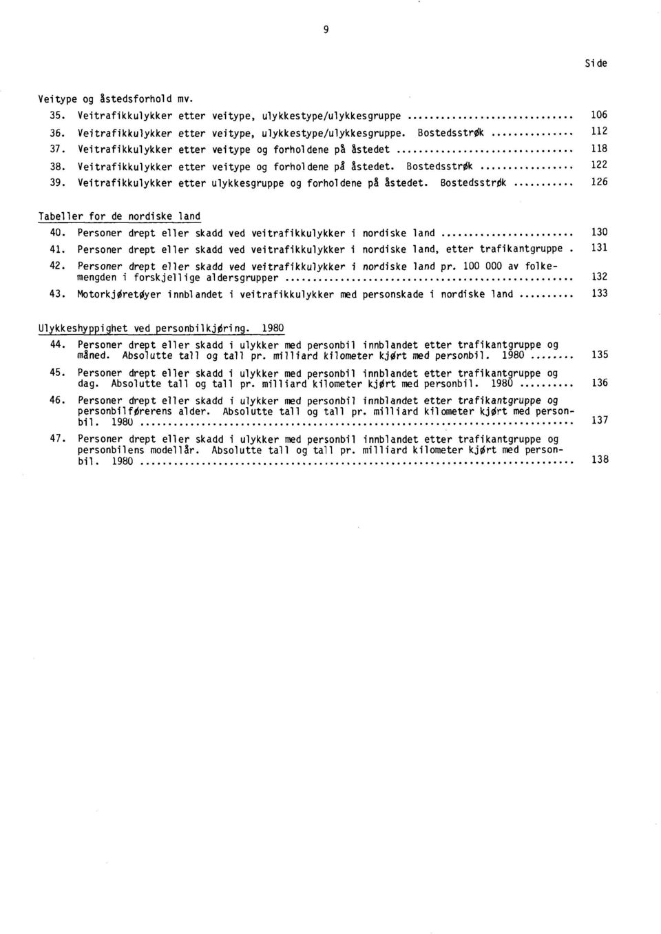 Veitrafikkulykker etter ulykkesgruppe og forholdene på åstedet. Bostedsstra 126 Tabeller for de nordiske land 40. Personer drept eller skadd ved veitrafikkulykker i nordiske land 130 41.