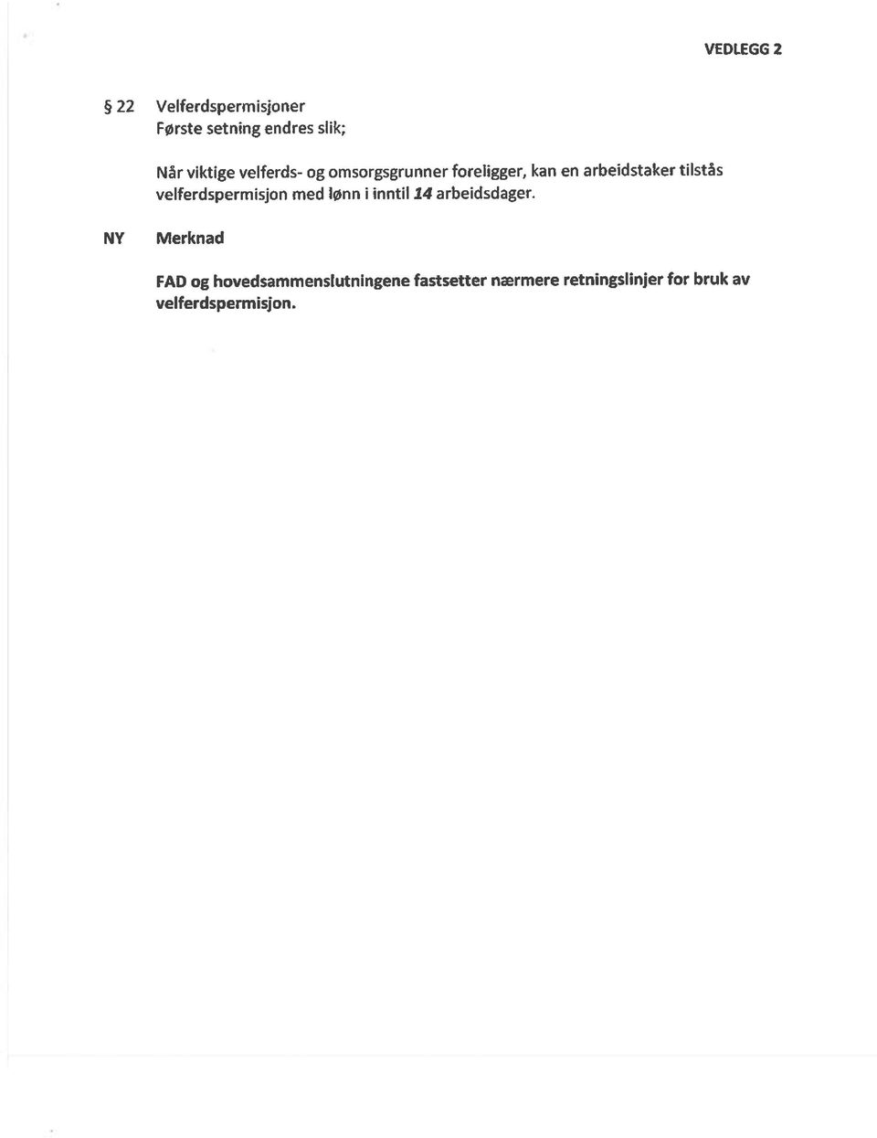 velferdspermisjon med lønn i inntil 14 arbeidsdager.