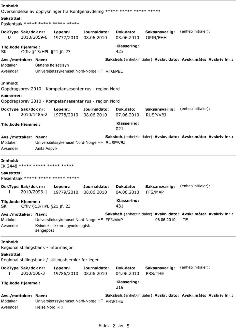 region Nord 2010/1485-2 19778/2010 RSP/VBJ 021 Mottaker niversitetssykehuset Nord-Norge HF RSP/VBJ Anita Aspvik K 2448 ***** ***** ***** ***** 2010/2093-1 19779/2010 FFS/MAP 431 Mottaker