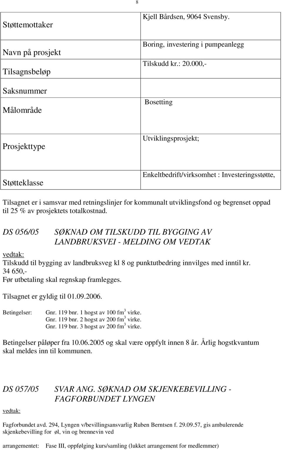 til 25 % av prosjektets totalkostnad. DS 056/05 SØKNAD OM TILSKUDD TIL BYGGING AV LANDBRUKSVEI - MELDING OM VEDTAK Tilskudd til bygging av landbruksveg kl 8 og punktutbedring innvilges med inntil kr.