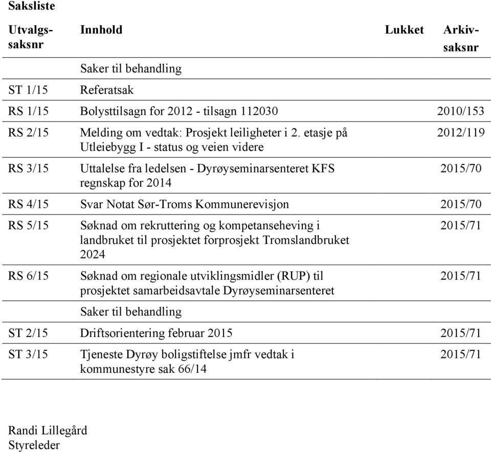 etasje på Utleiebygg I - status og veien videre Uttalelse fra ledelsen - Dyrøyseminarsenteret KFS regnskap for 2014 2012/119 2015/70 RS 4/15 Svar Notat Sør-Troms Kommunerevisjon 2015/70 RS 5/15 RS