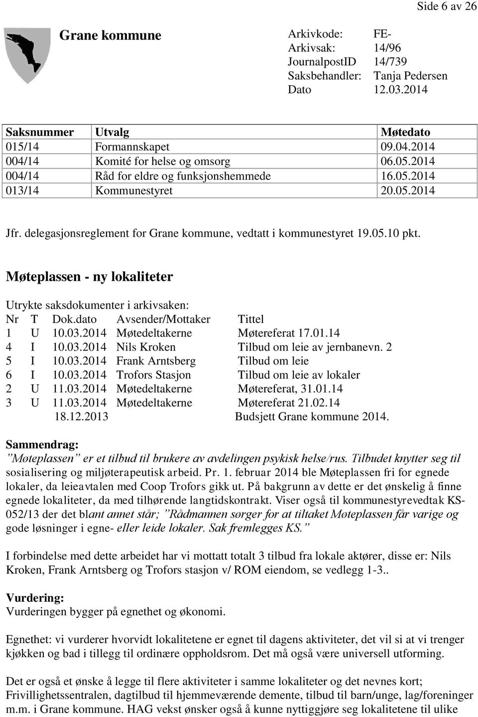 delegasjonsreglement for Grane kommune, vedtatt i kommunestyret 19.05.10 pkt. Møteplassen - ny lokaliteter Utrykte saksdokumenter i arkivsaken: Nr T Dok.dato Avsender/Mottaker Tittel 1 U 10.03.