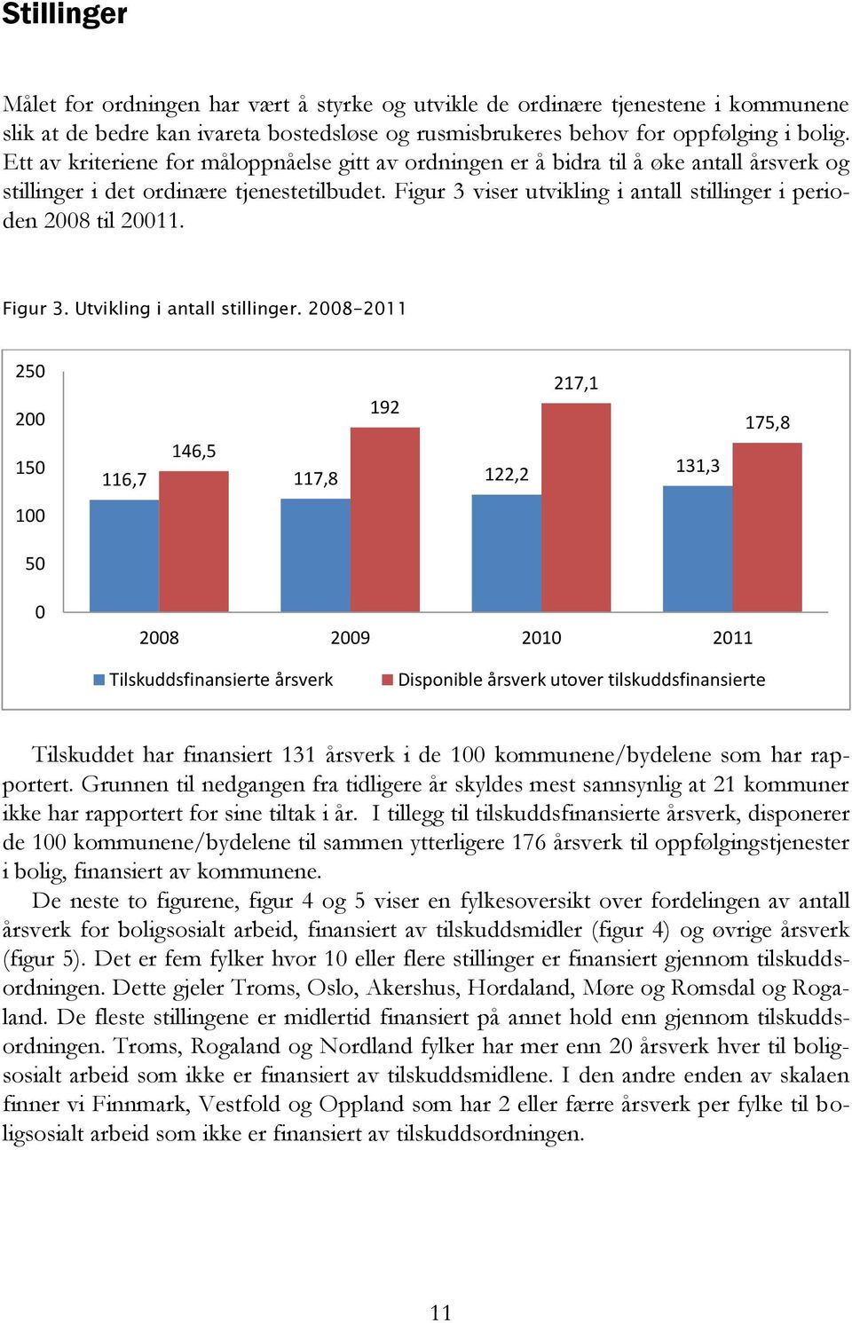 Figur 3 viser utvikling i antall stillinger i perioden 2008 til 20011. Figur 3. Utvikling i antall stillinger.