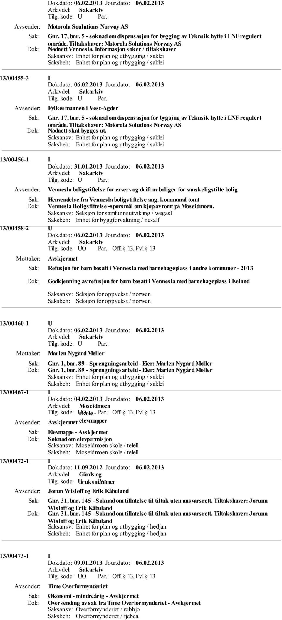 Tiltakshaver: Motorola Solutions Norway AS Nødnett skal bygges ut. 13/00456-1 I Dok.dato: 31.01.2013 Jour.dato: 06.02.