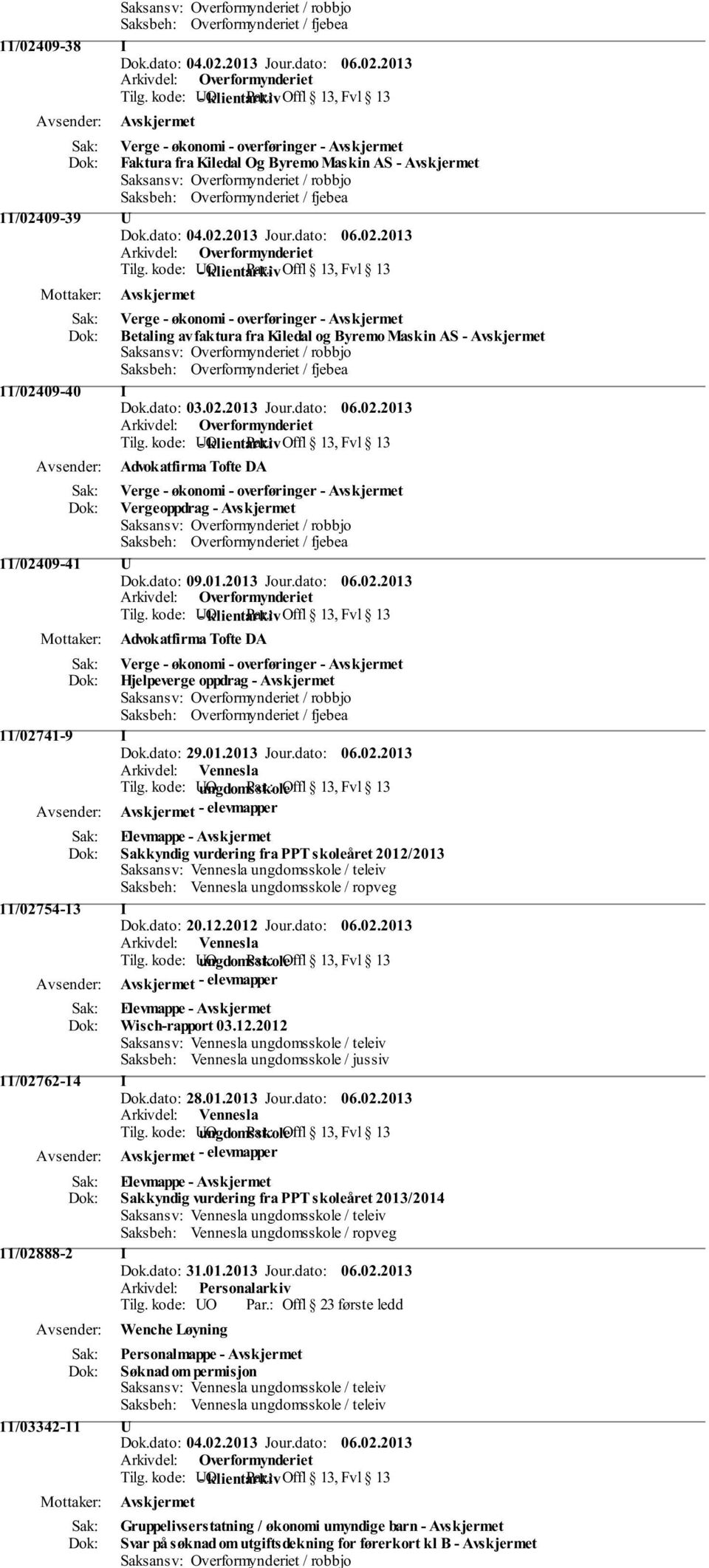 kode: UO - klientarkiv Offl 13, Fvl 13 Advokatfirma Tofte DA Verge - økonomi - overføringer - Vergeoppdrag - 11/02409-41 U Dok.dato: 09.01.2013 Jour.dato: 06.02.2013 Tilg.