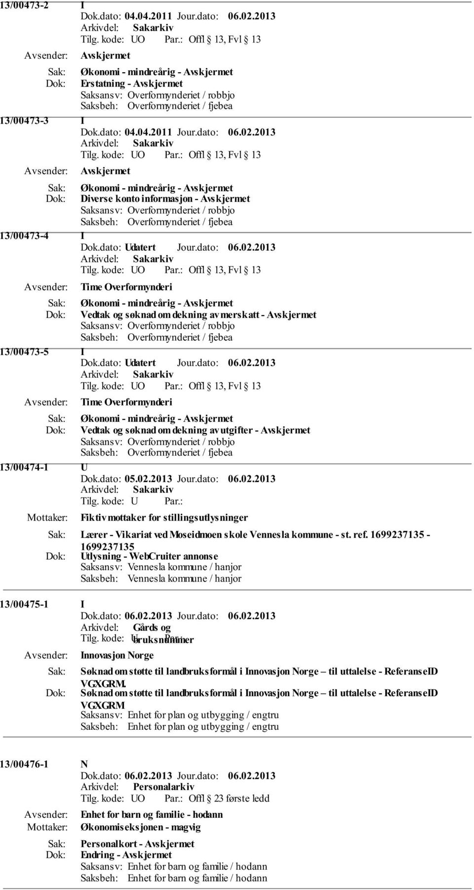 kode: UO Offl 13, Fvl 13 Time Overformynderi Økonomi - mindreårig - Vedtak og søknad om dekning av merskatt - 13/00473-5 I Dok.