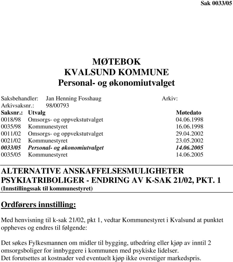 1 (Innstillingssak til kommunestyret) Ordførers innstilling: Med henvisning til k-sak 21/02, pkt 1, vedtar Kommunestyret i Kvalsund at punktet oppheves og endres til følgende: Det søkes Fylkesmannen