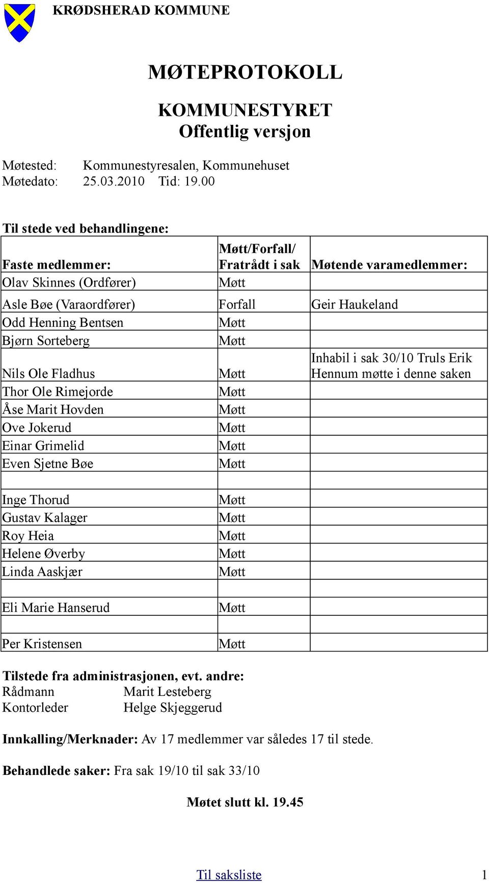 Møtt Bjørn Sorteberg Møtt Nils Ole Fladhus Møtt Inhabil i sak 30/10 Truls Erik Hennum møtte i denne saken Thor Ole Rimejorde Møtt Åse Marit Hovden Møtt Ove Jokerud Møtt Einar Grimelid Møtt Even