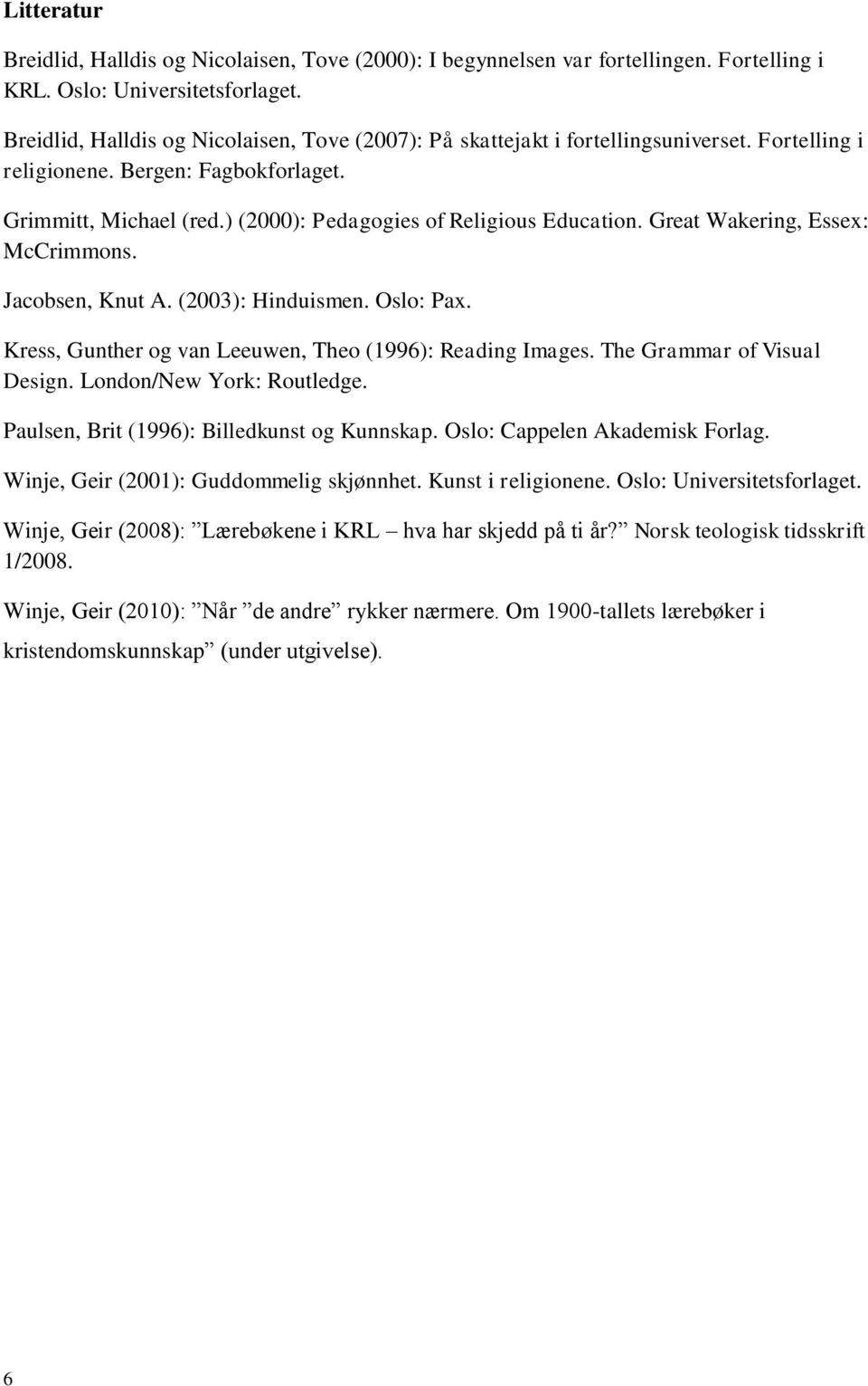 ) (2000): Pedagogies of Religious Education. Great Wakering, Essex: McCrimmons. Jacobsen, Knut A. (2003): Hinduismen. Oslo: Pax. Kress, Gunther og van Leeuwen, Theo (1996): Reading Images.