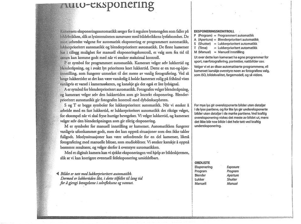 De Heste kameraer tillegg mulighet for manuell d<sponeringskontroll. er valg som fra tid ril kan kamme godt med nar vi 0nsker mal<simal komroll. 'i""'i;.< symbol for programmerr automatikk.