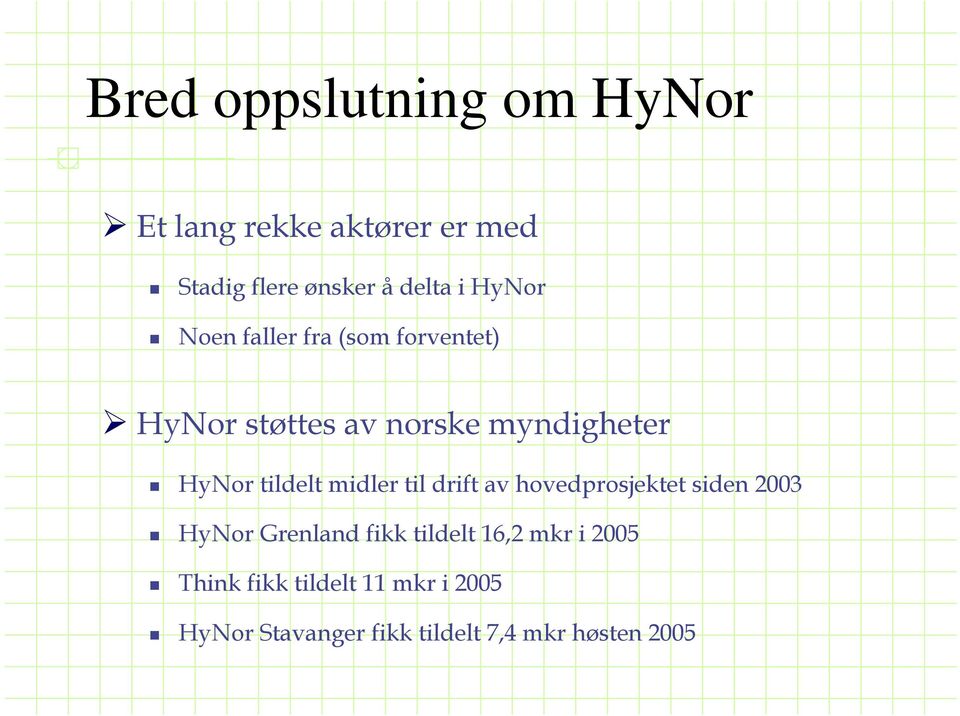 tildelt midler til drift av hovedprosjektet siden 2003 HyNor Grenland fikk tildelt