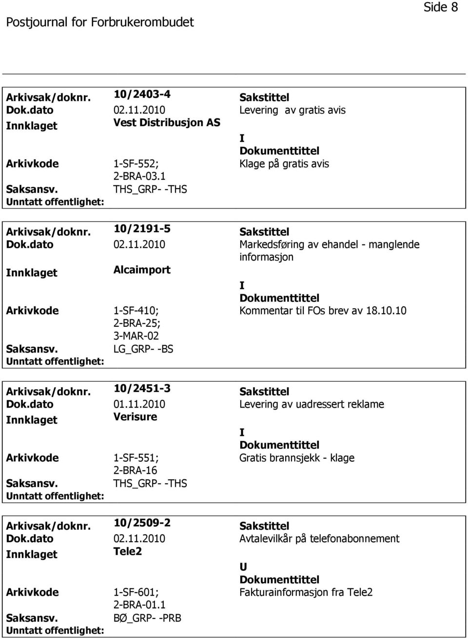 2010 Markedsføring av ehandel - manglende informasjon Alcaimport 1-SF-410; 2-BRA-25; 3-MAR-02 LG_GRP- -BS Kommentar til FOs brev av 18.10.10 Arkivsak/doknr.