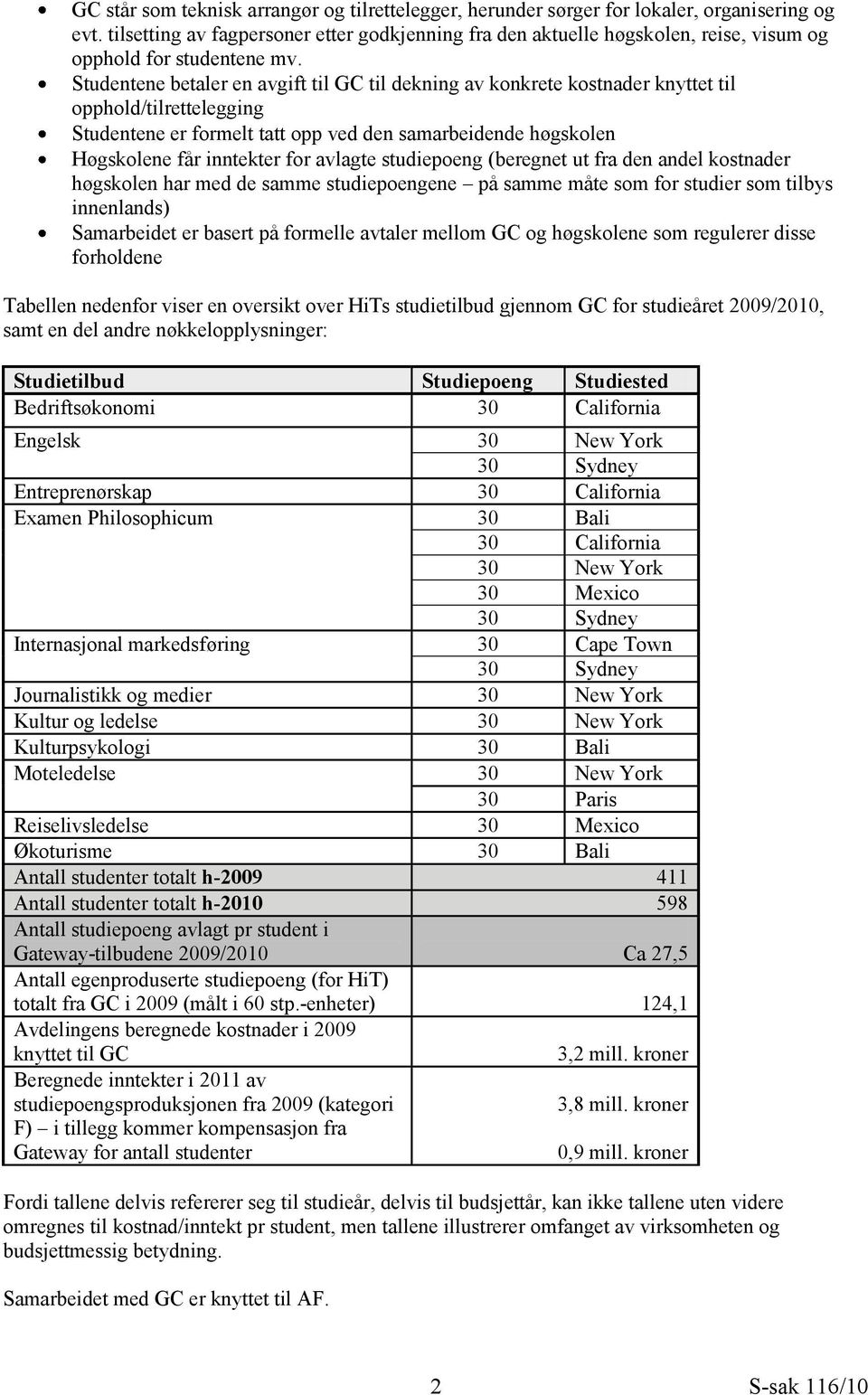 Studentene betaler en avgift til GC til dekning av konkrete kostnader knyttet til opphold/tilrettelegging Studentene er formelt tatt opp ved den samarbeidende høgskolen Høgskolene får inntekter for