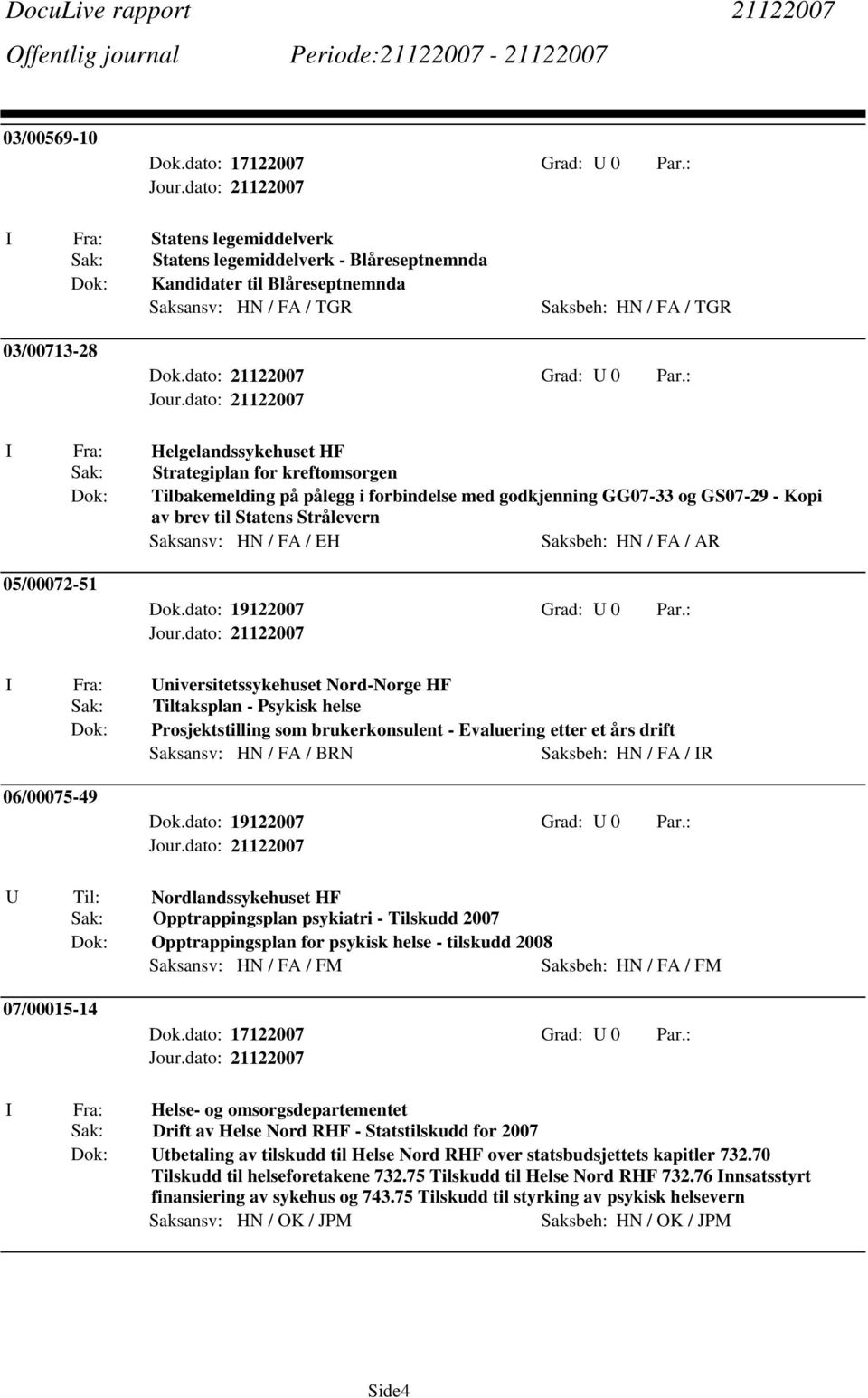 : I Fra: Helgelandssykehuset HF Sak: Strategiplan for kreftomsorgen Dok: Tilbakemelding på pålegg i forbindelse med godkjenning GG07-33 og GS07-29 - Kopi av brev til Statens Strålevern Saksansv: HN /