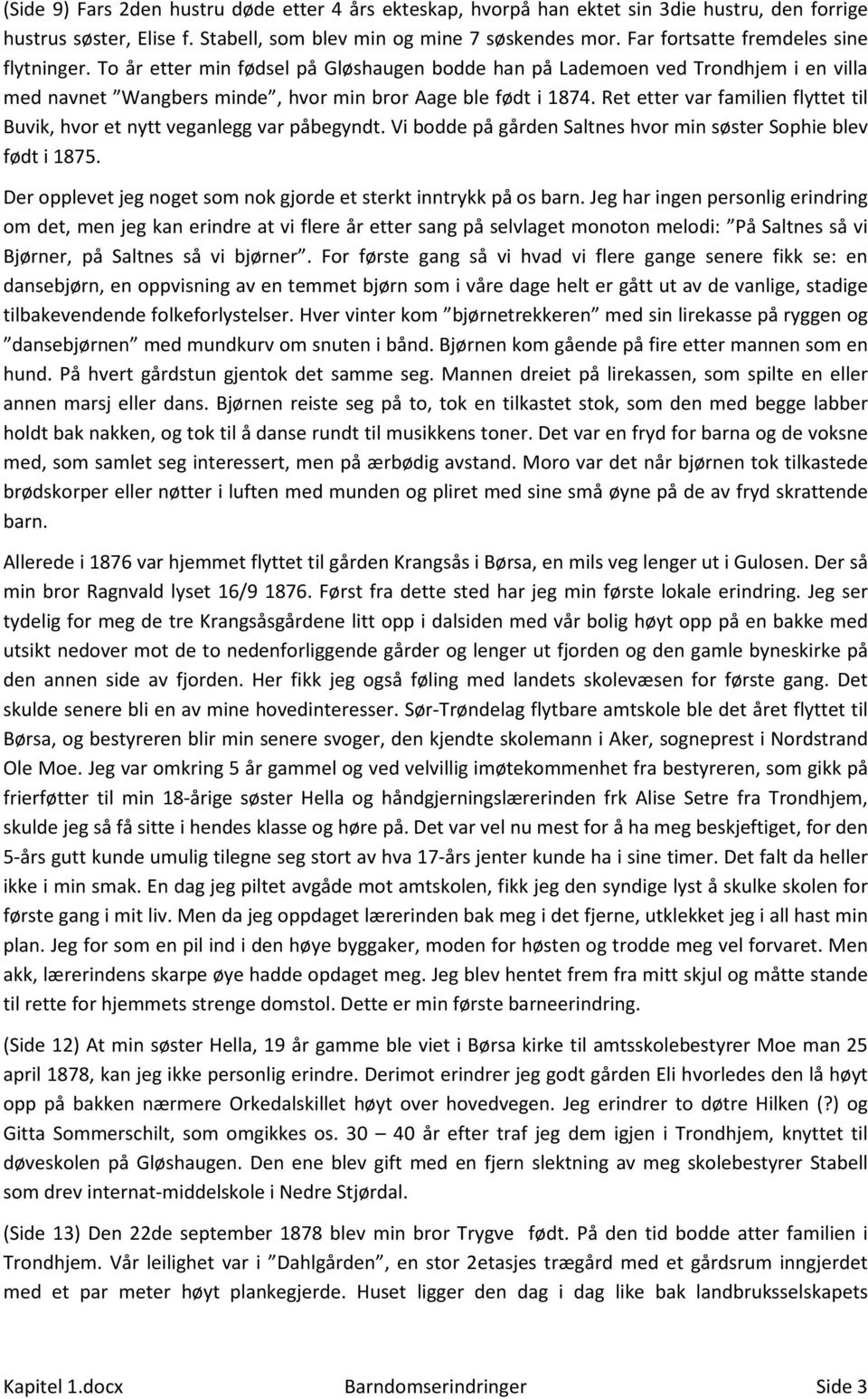 Ret etter var familien flyttet til Buvik, hvor et nytt veganlegg var påbegyndt. Vi bodde på gården Saltnes hvor min søster Sophie blev født i 1875.