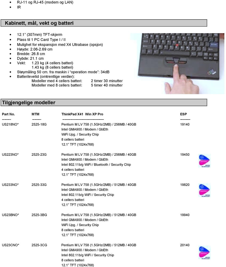 fra maskin i operation mode : 34dB Batterilevetid (omtrentlige verdier): Modeller med : 2 timer 30 minutter Modeller med : 5 timer 40 minutter Tilgjengelige modeller Part No.