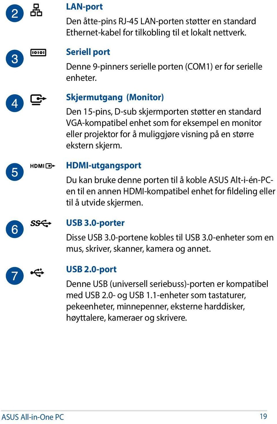 HDMI-utgangsport Du kan bruke denne porten til å koble ASUS Alt-i-én-PCen til en annen HDMI-kompatibel enhet for fildeling eller til å utvide skjermen. USB 3.0-porter Disse USB 3.