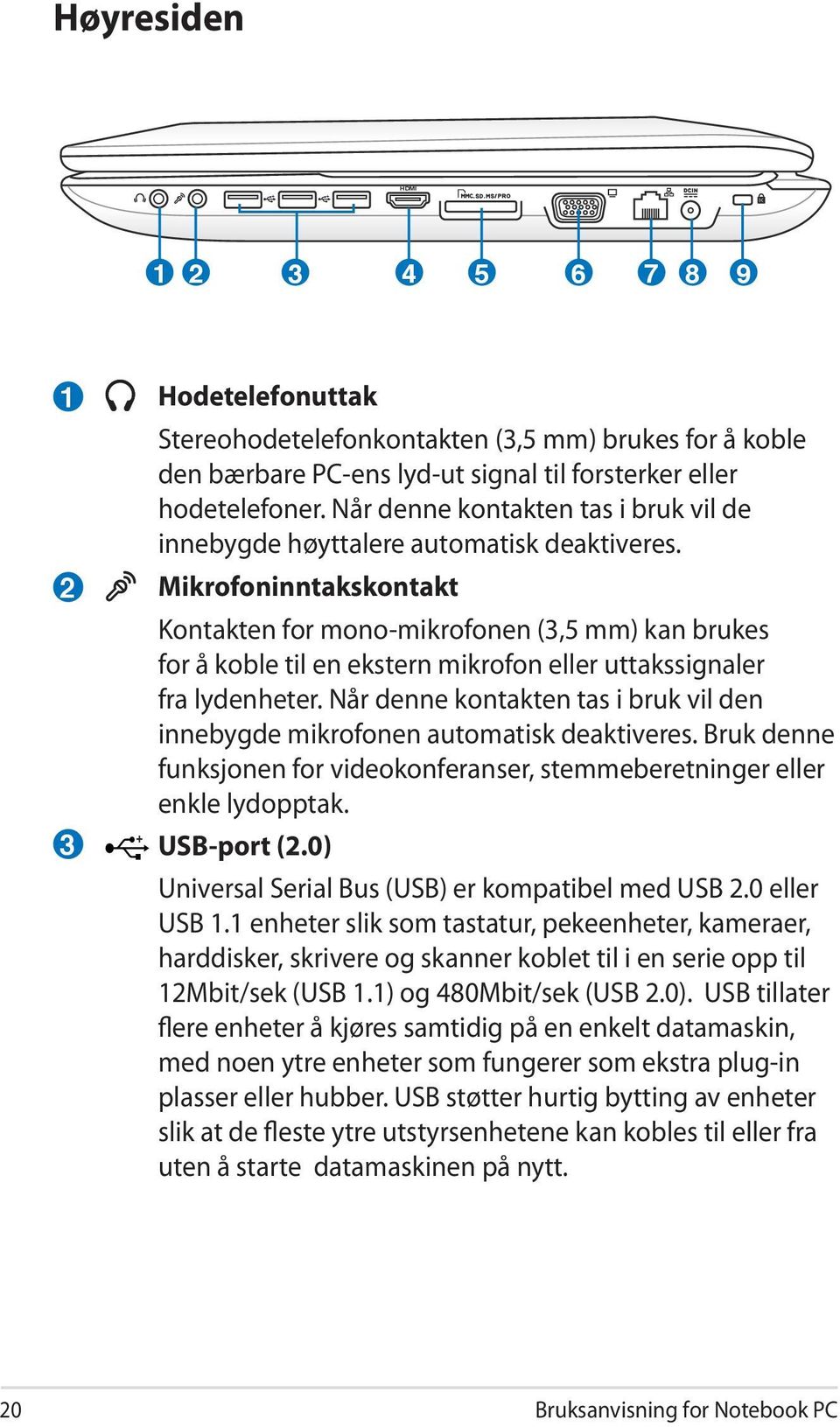 Mikrofoninntakskontakt Kontakten for mono-mikrofonen (3,5 mm) kan brukes for å koble til en ekstern mikrofon eller uttakssignaler fra lydenheter.