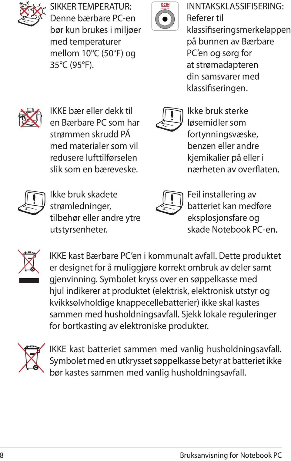 Ikke bruk skadete strømledninger, tilbehør eller andre ytre utstyrsenheter.