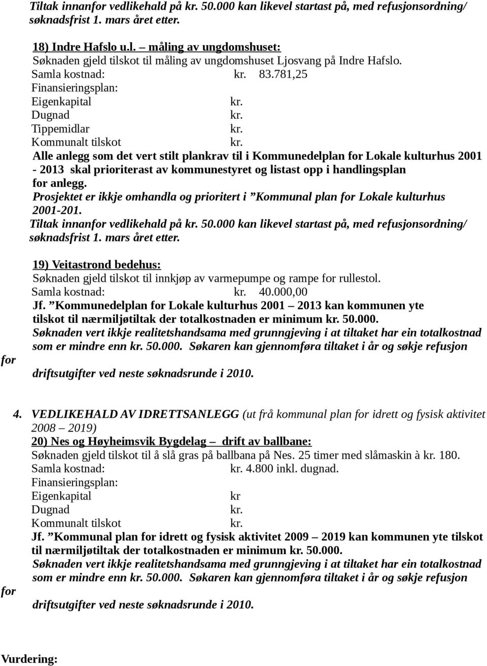 781,25 Tippemidlar Alle anlegg som det vert stilt plankrav til i Kommunedelplan for Lokale kulturhus 2001-2013 skal prioriterast av kommunestyret og listast opp i handlingsplan for anlegg.