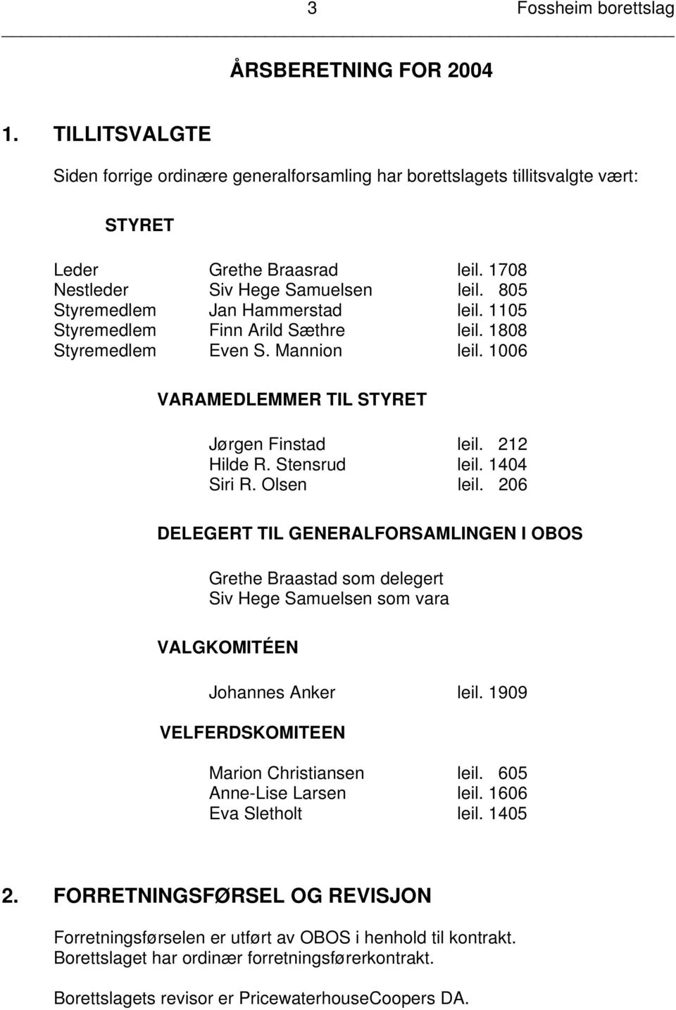 1006 VARAMEDLEMMER TIL STYRET Jørgen Finstad leil. 212 Hilde R. Stensrud leil. 1404 Siri R. Olsen leil.